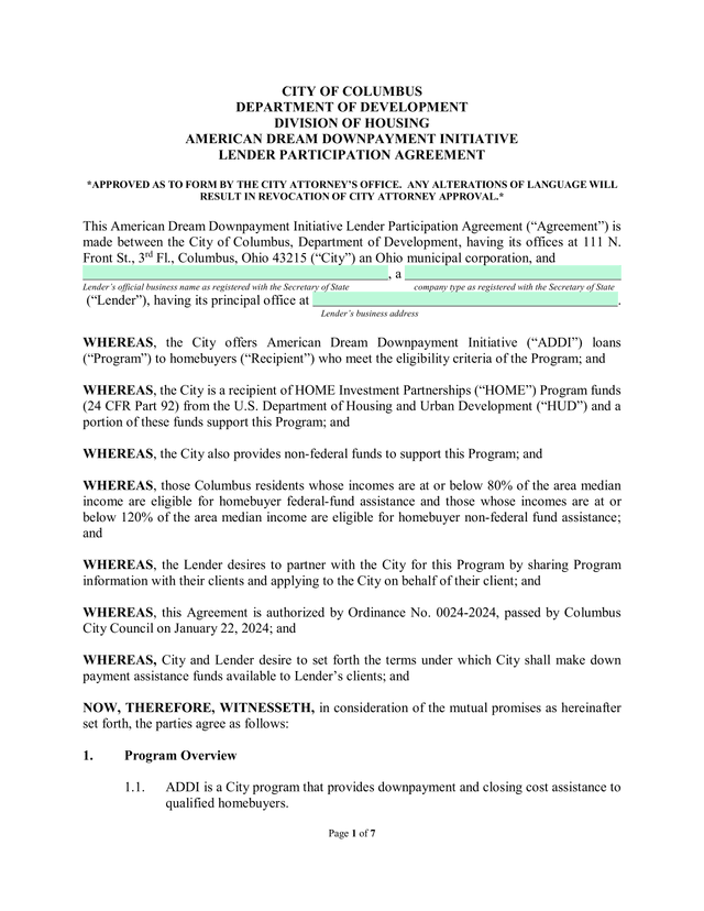 American Dream Downpayment Initiative Lender Participation Agreement screenshot