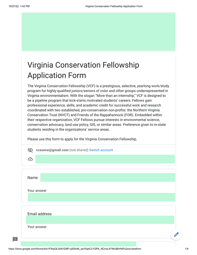 Virginia Conservation Fellowship Application Form screenshot