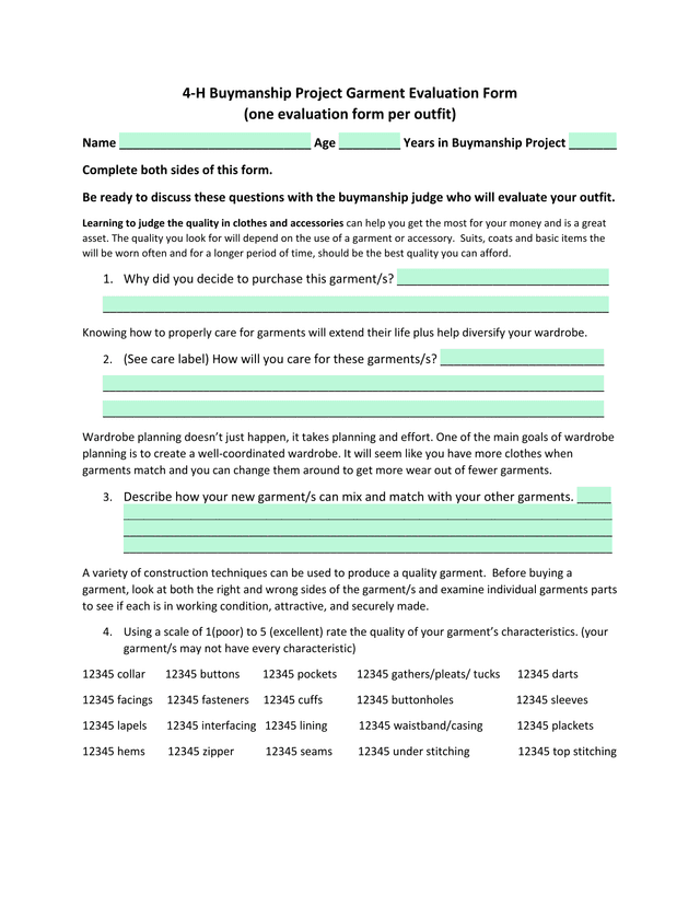 4 H Buymanship Project Garment Evaluation Form screenshot