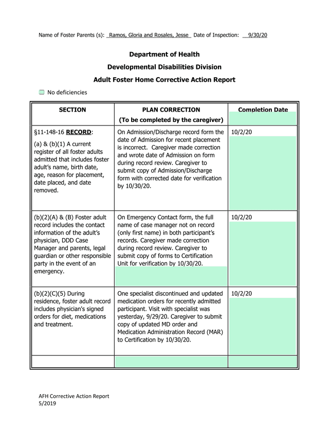 AFH Corrective Action Report screenshot