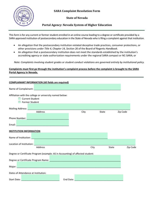 SARA Complaint Resolution Form screenshot
