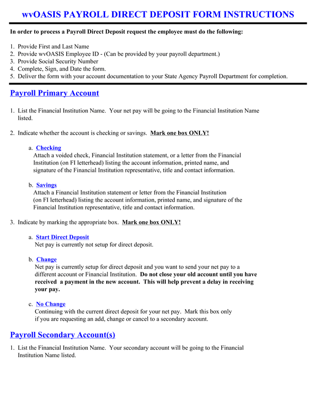 WvOASIS Payroll Direct Deposit Form screenshot