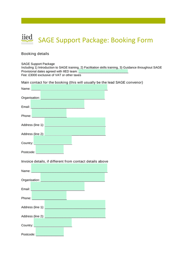 SAGE Support Package Booking Form screenshot