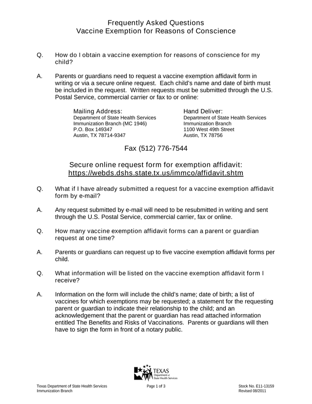 Frequently Asked Questions Vaccine Exemption For Reasons Of Conscience screenshot