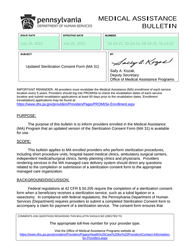 Medical Assistance Bulletin Updated Sterilization Consent Form (MA 31) screenshot