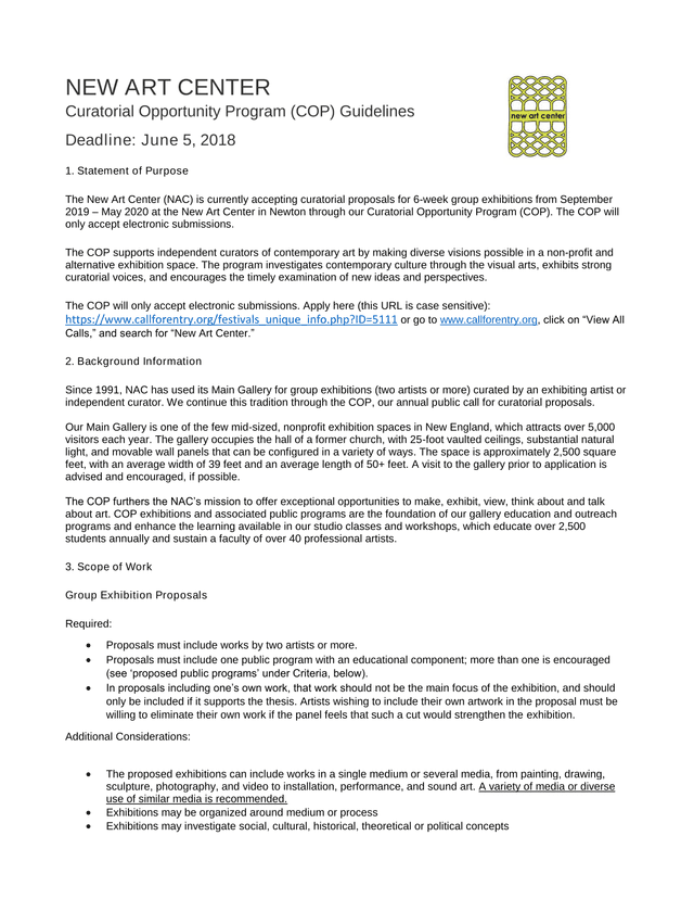 New Art Center Curatorial Opportunity Program (COP) Guidelines screenshot