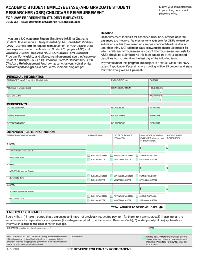 Academic Student Employee (ASE) And Graduate Student Researcher (GSR) Childcare Reimbursement screenshot