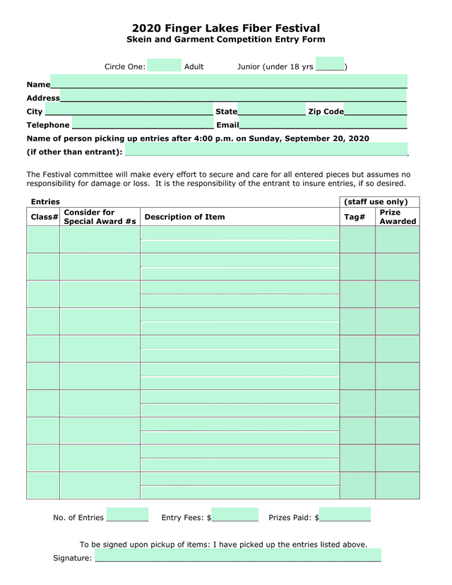 2020 Finger Lakes Fiber Festival Skein And Garment Competition Entry Form screenshot