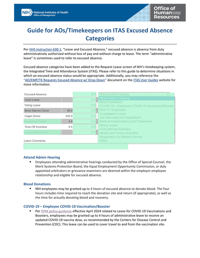 Guide For AOsTimekeepers On ITAS Excused Absence Categories screenshot