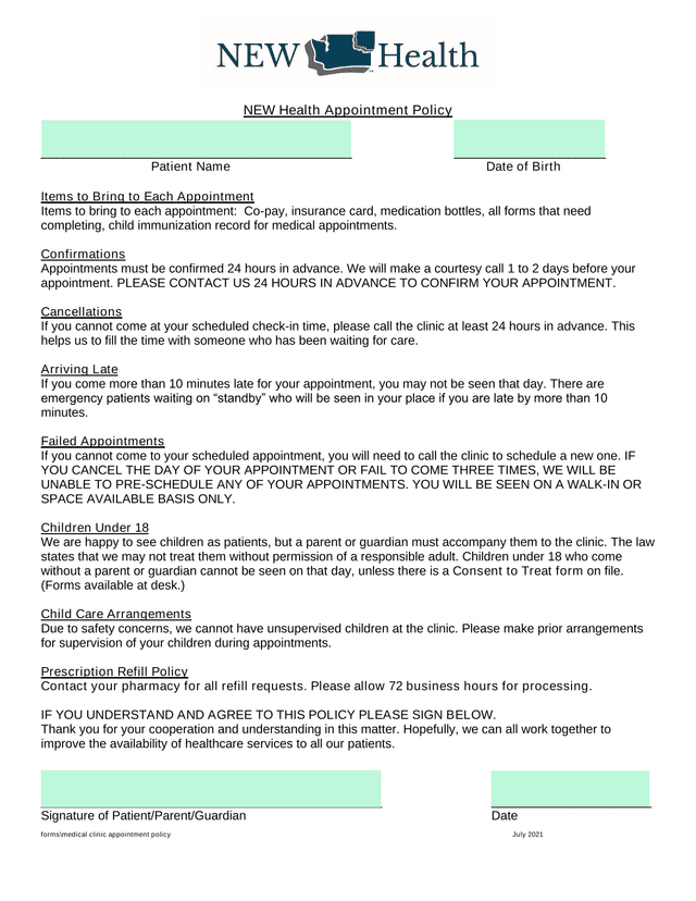 NEW Health Appointment Policy screenshot