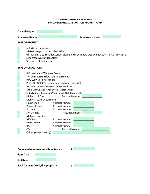 Stockbridge Munsee Community Employee Payroll Deduction Request Form screenshot