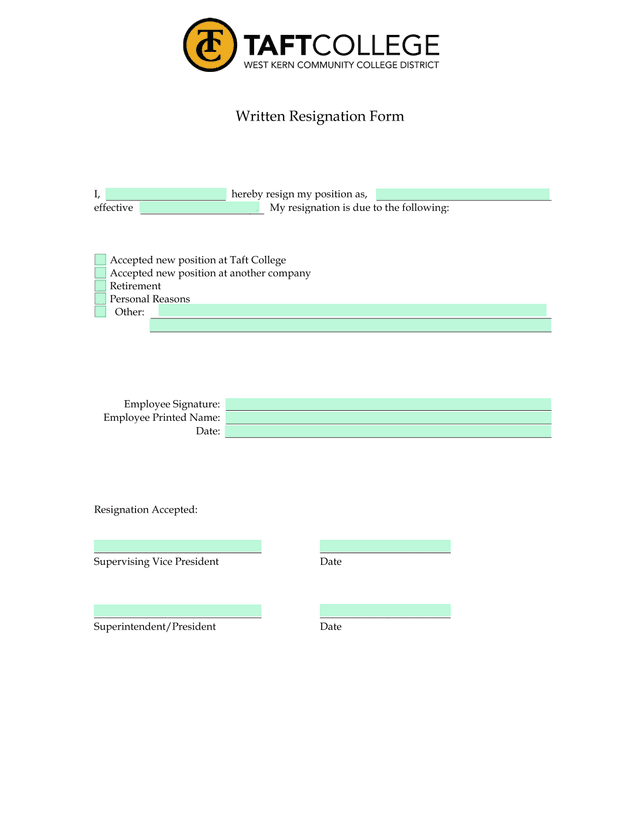 Written Resignation Form screenshot