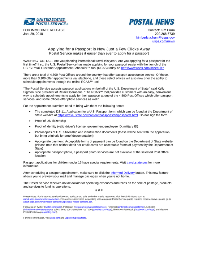 USPS Passport Appointment Scheduling Press Release screenshot