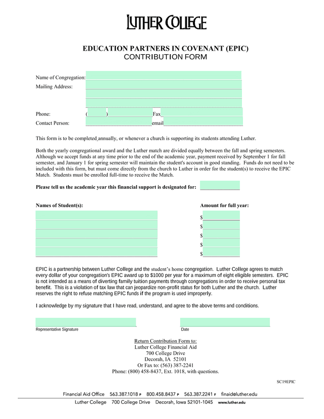 EDUCATION PARTNERS IN COVENANT (EPIC) CONTRIBUTION FORM screenshot