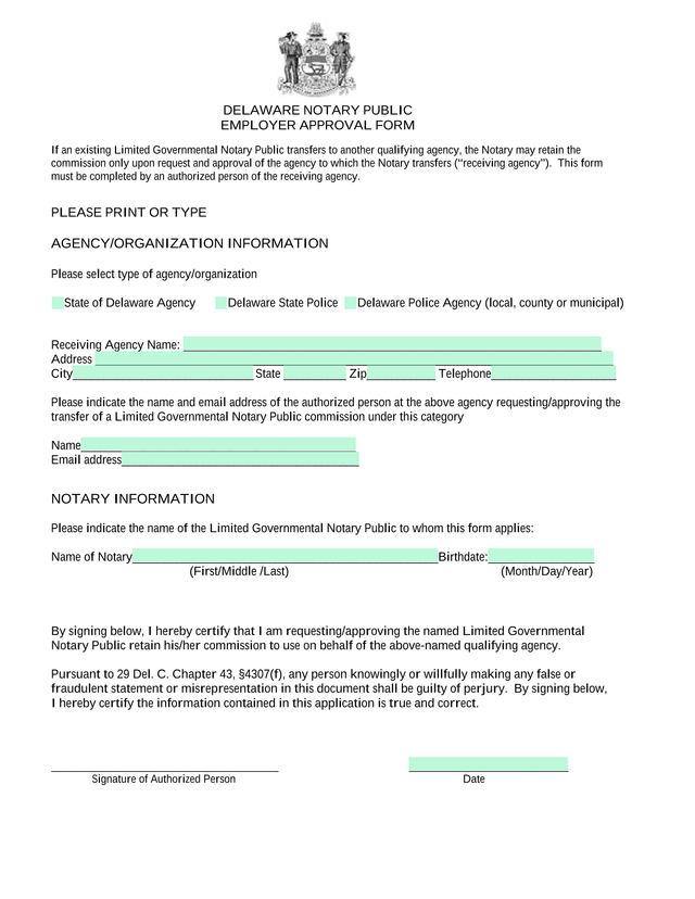 Delaware Notary Public Employer Approval Form screenshot