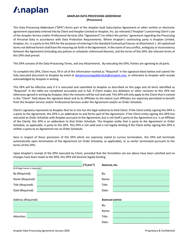 Anaplan Data Processing Addendum screenshot