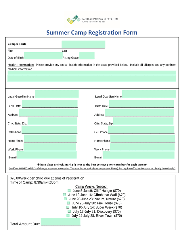Summer Camp Registration Form screenshot