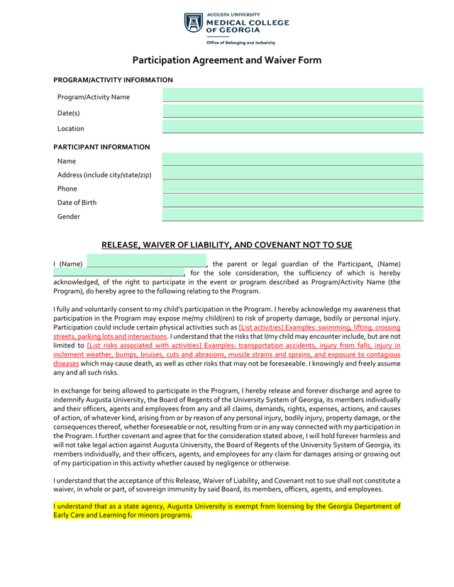 Participation Agreement And Waiver Form screenshot