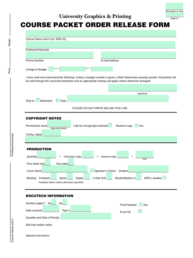 Course Packet Order Release Form screenshot