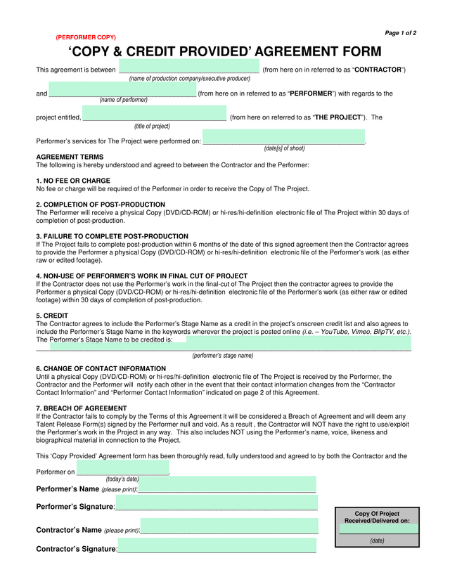 COPY  CREDIT PROVIDED AGREEMENT FORM screenshot