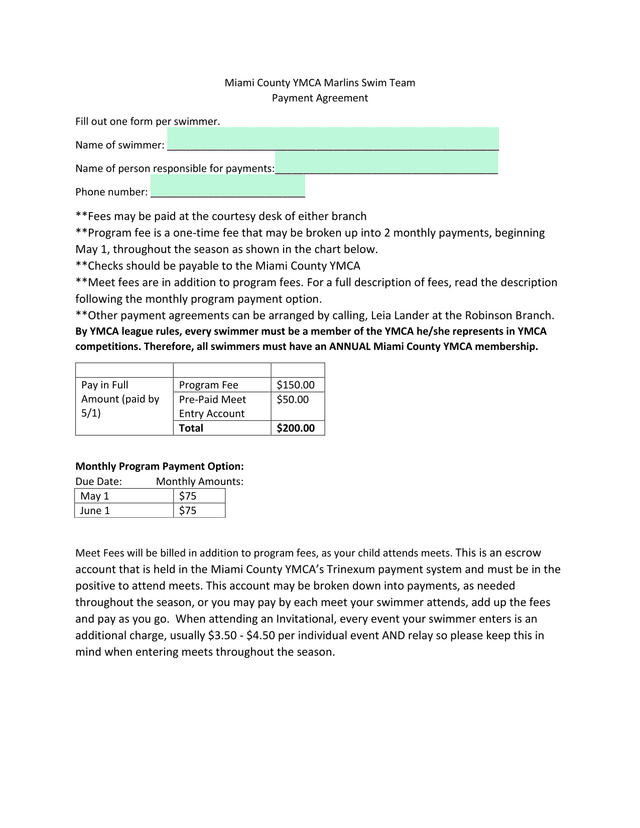 Miami County YMCA Marlins Swim Team Payment Agreement screenshot