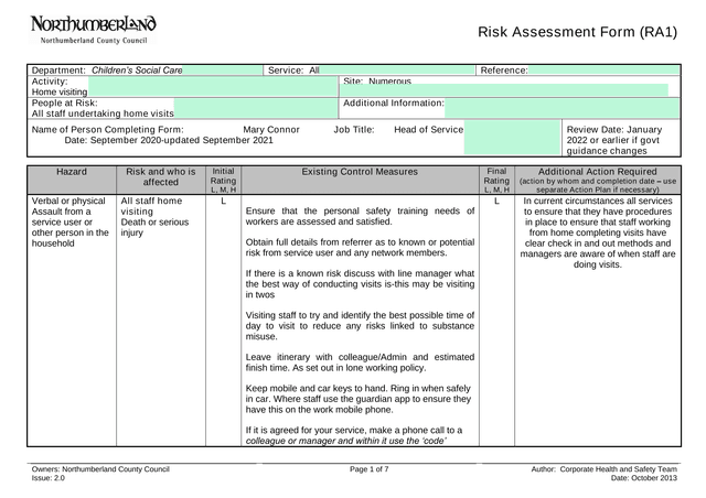 Risk Assessment Form (RA1) screenshot