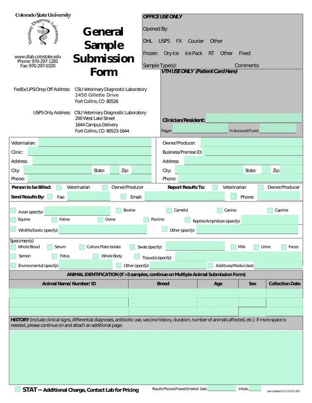 General Sample Submission Form screenshot