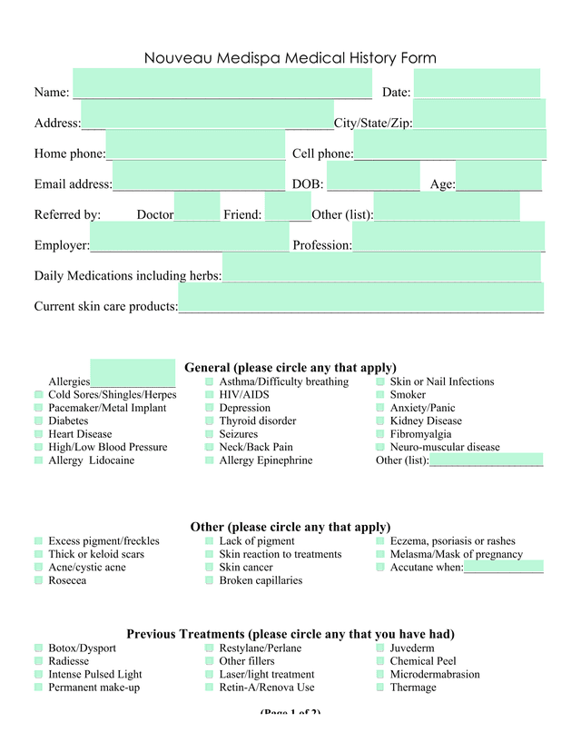 Nouveau Medispa Medical History Form screenshot