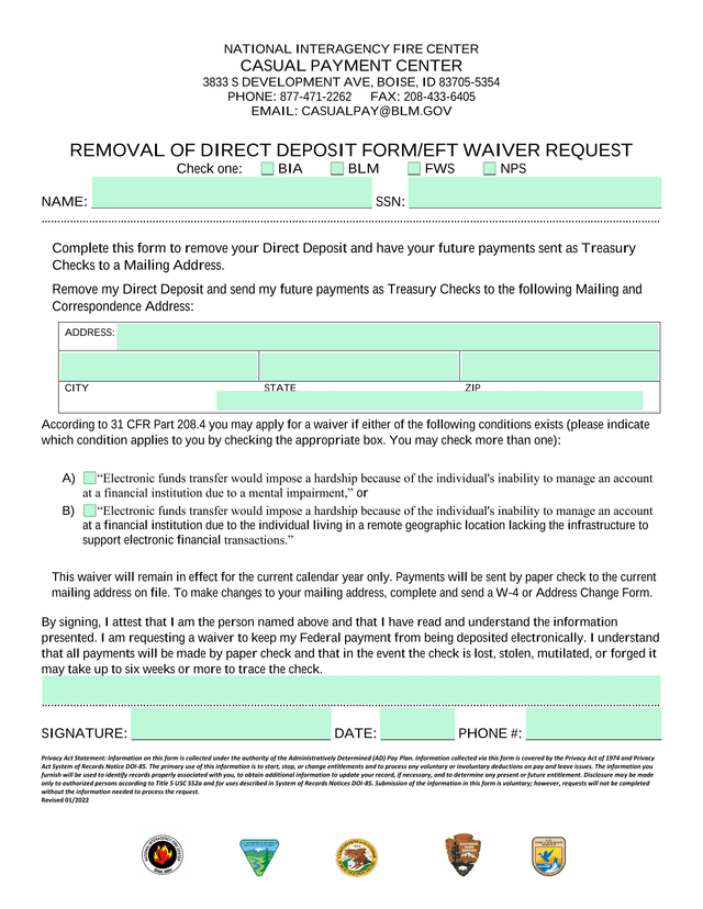 Removal Of Direct Deposit FormEFT Waiver Request screenshot