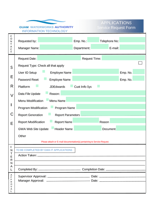 APPLICATIONS Service Request Form screenshot
