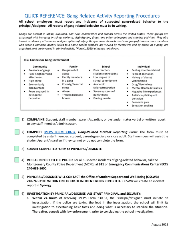QUICK REFERENCE Gang Related Activity Reporting Procedures screenshot