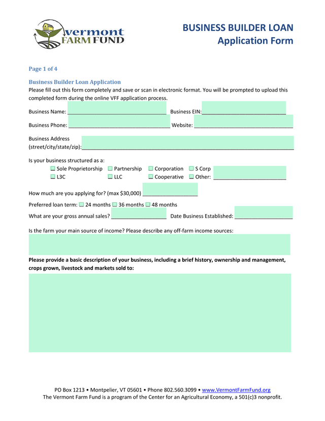 Business Builder Loan Application Form screenshot