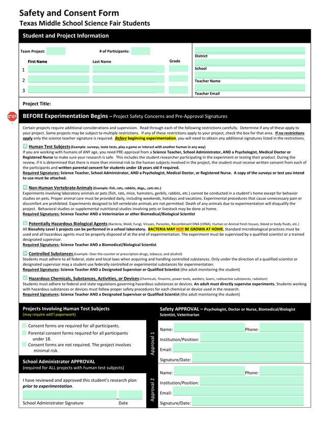 Science Fair Project Restrictions And Approval Form screenshot