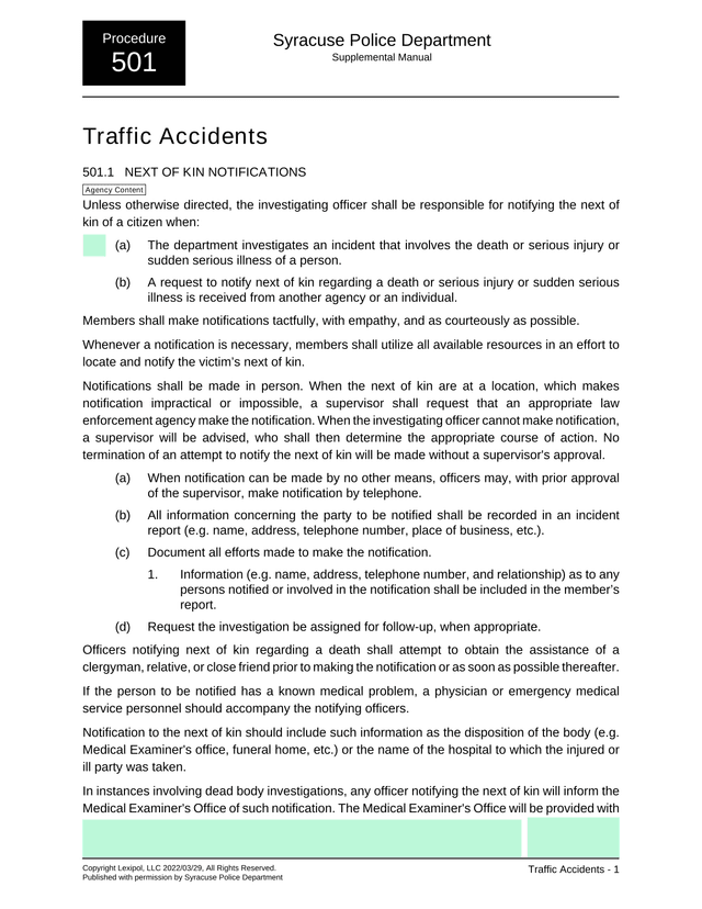 Syracuse Police Department Procedure 501 Traffic Accidents screenshot