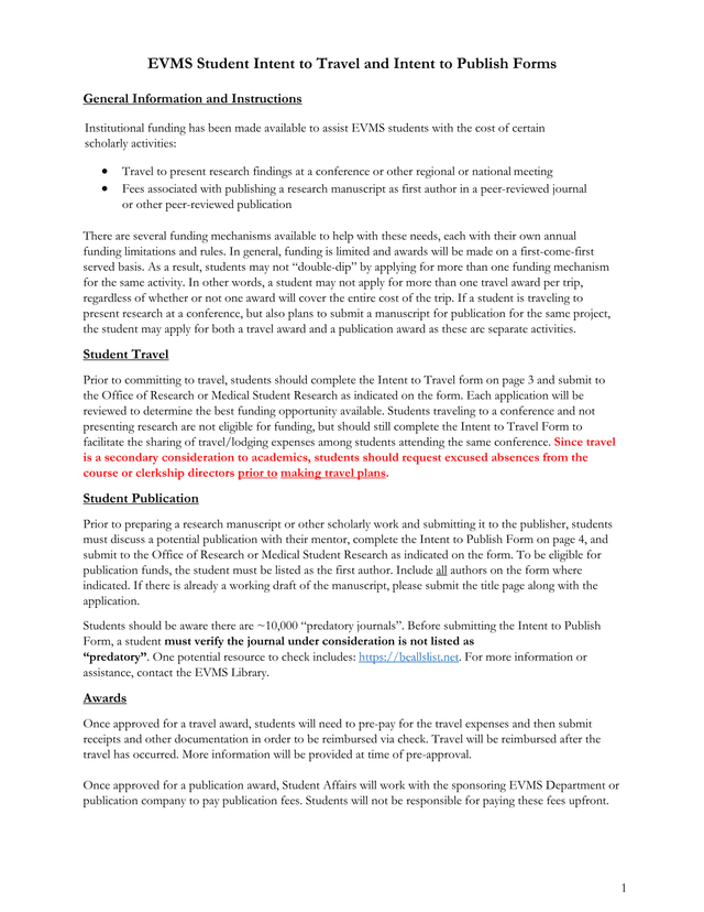 EVMS Student Intent To Travel And Intent To Publish Forms screenshot