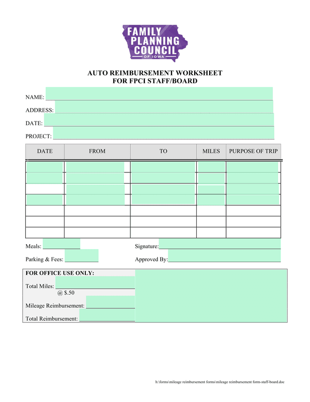 Auto Reimbursement Worksheet screenshot
