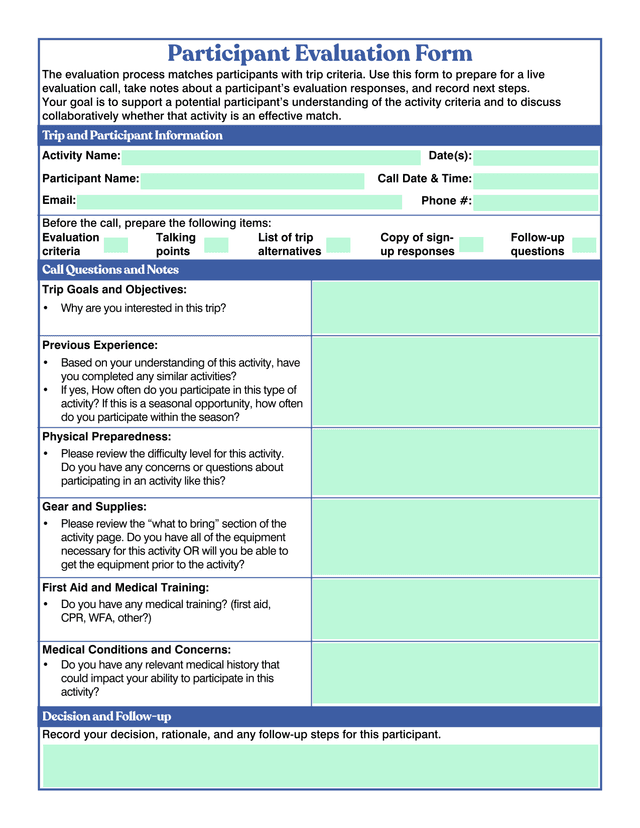 Participant Evaluation Form screenshot