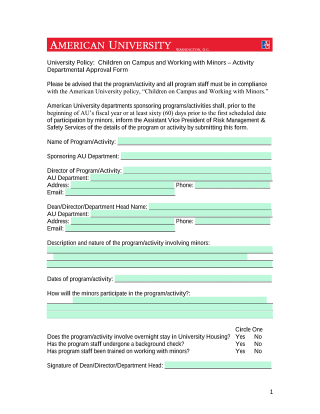 Children On Campus And Working With Minors  Activity Departmental Approval Form screenshot
