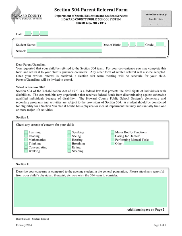Section 504 Parent Referral Form screenshot