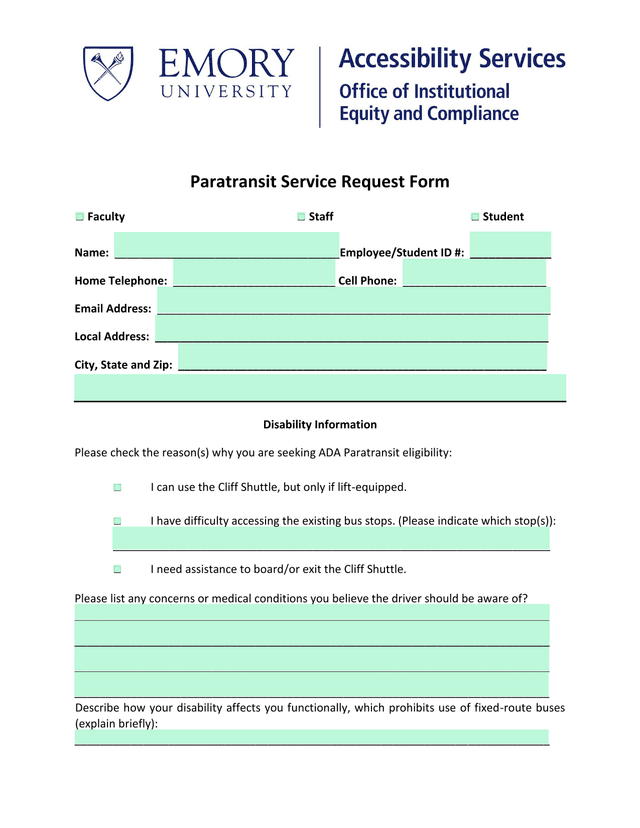 Paratransit Service Request Form screenshot