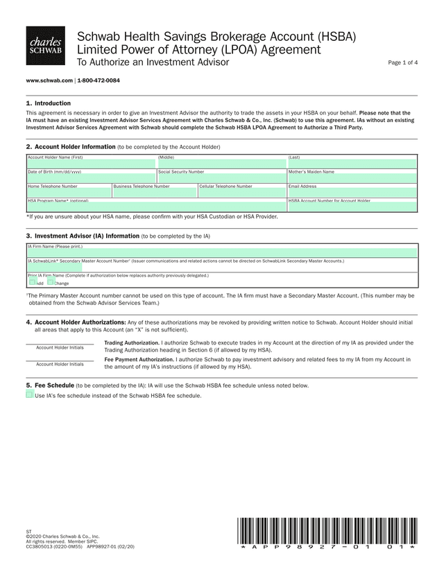 Schwab Health Savings Brokerage Account (HSBA) Limited Power Of Attorney (LPOA) Agreement screenshot