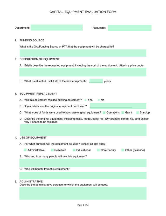 Capital Equipment Evaluation Form screenshot