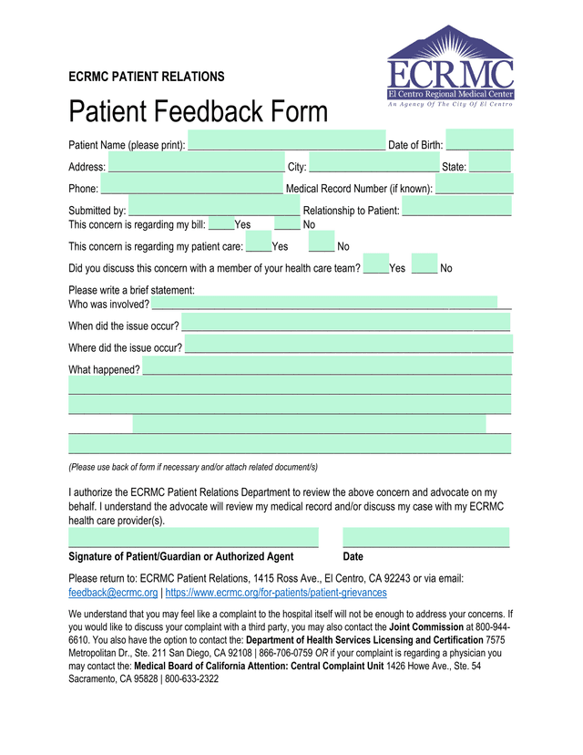 ECRMC Patient Feedback Form screenshot