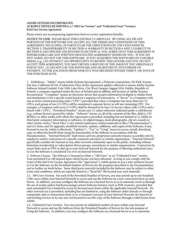 Adobe Systems Incorporated Acrobat Distiller Server 6.X End User License Agreement screenshot