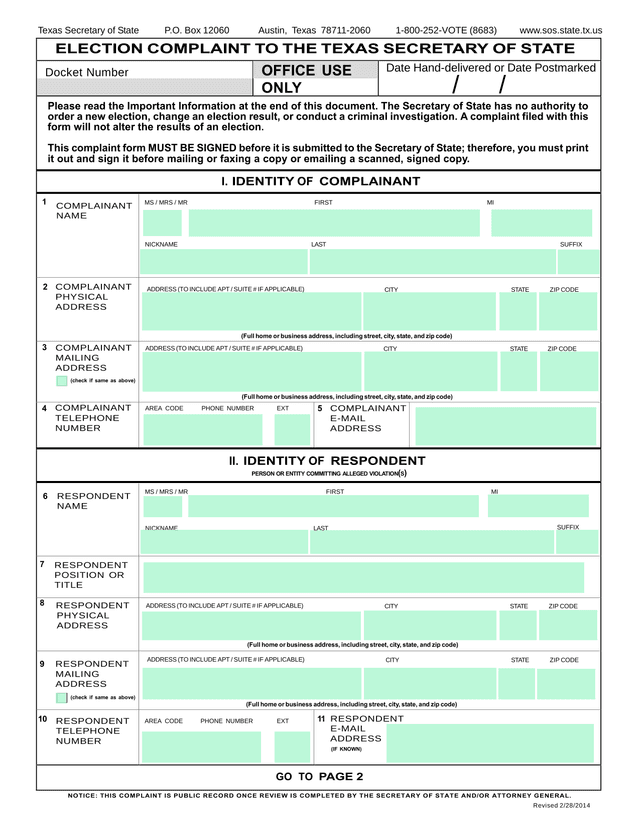 Election Complaint To The Texas Secretary Of State screenshot