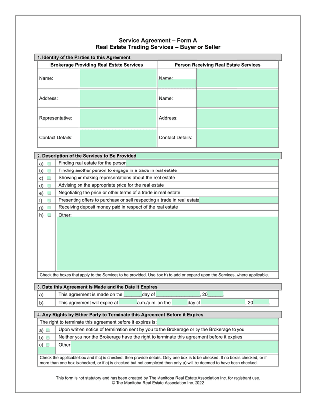 Service Agreement  Form A screenshot