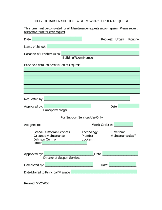 CITY OF BAKER SCHOOL SYSTEM WORK ORDER REQUEST screenshot
