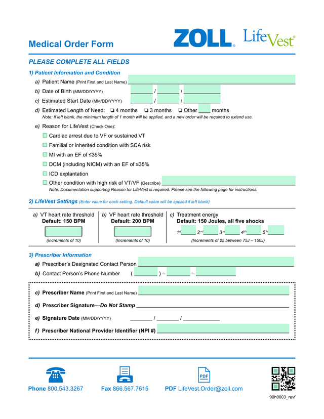 LifeVest Medical Order Form screenshot