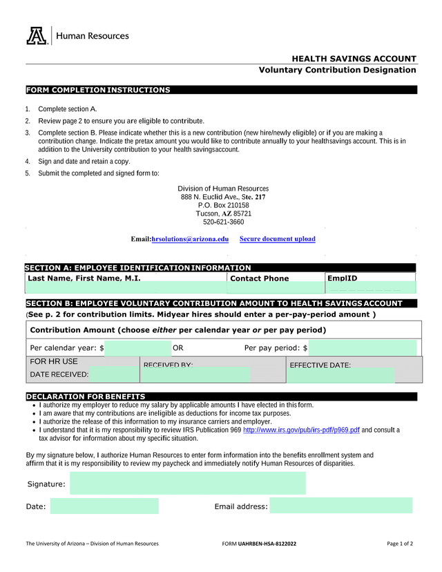 HEALTH SAVINGS ACCOUNT Voluntary Contribution Designation screenshot