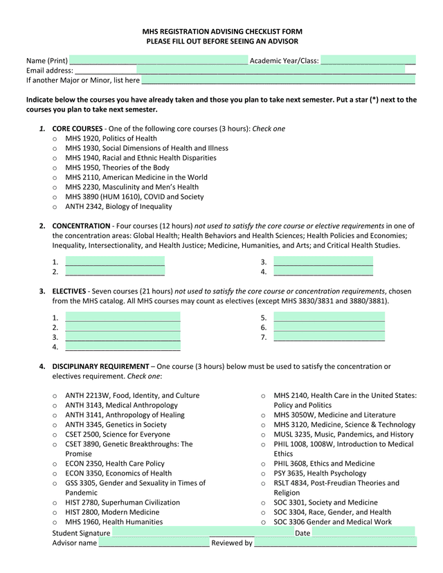 MHS REGISTRATION ADVISING CHECKLIST FORM screenshot